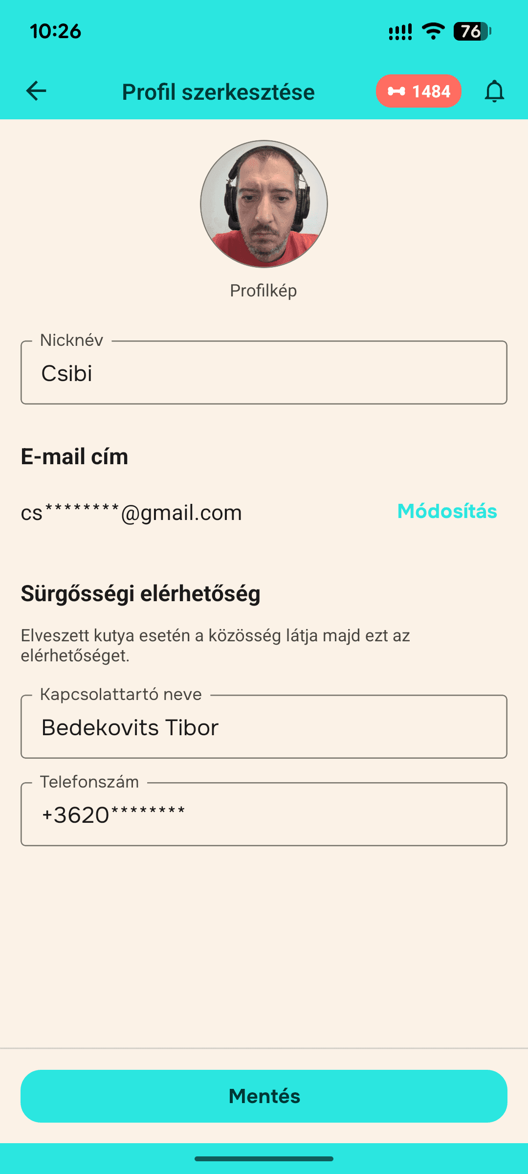 Profil szerkesztő képernyő