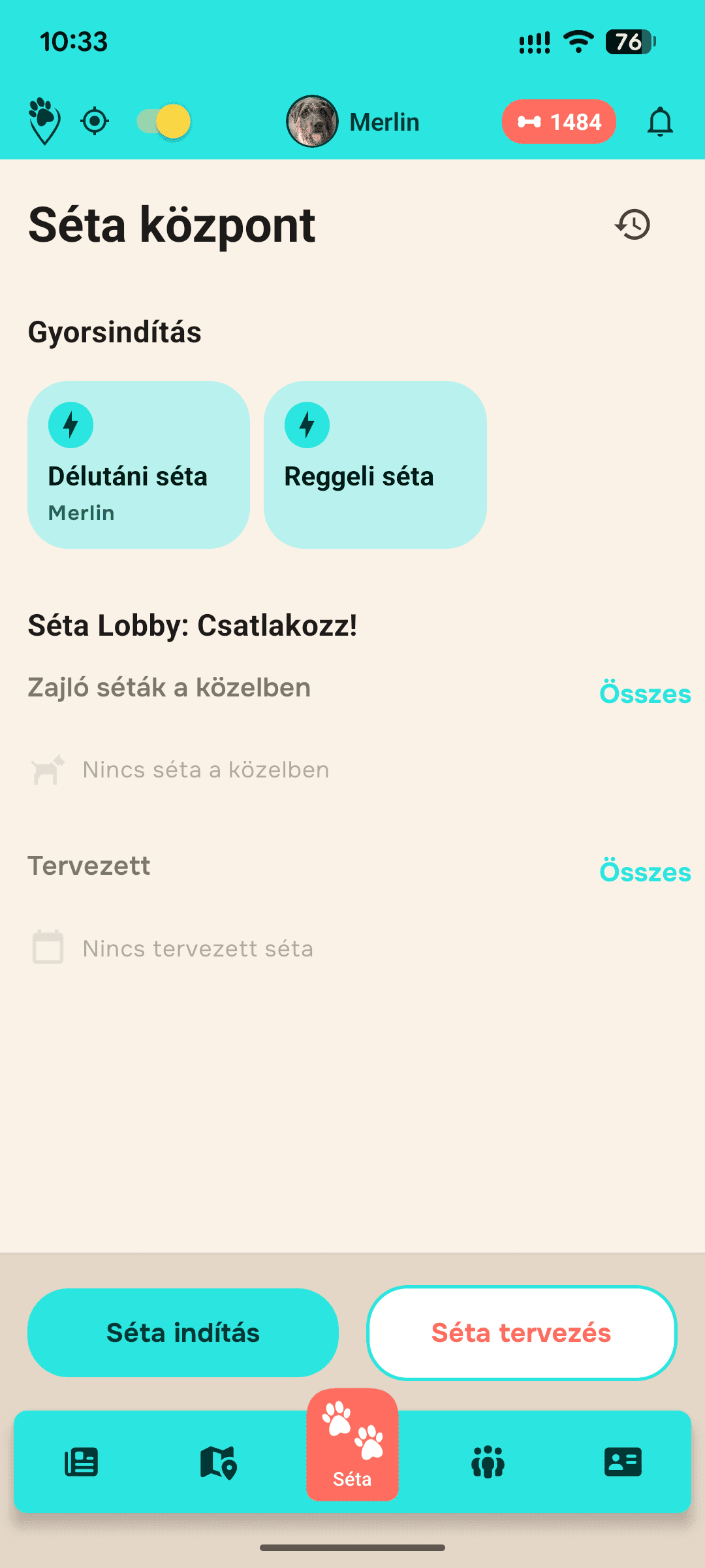 Séta hub képernyő, Séta indítás gombbal